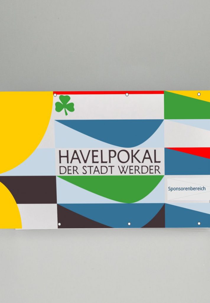 bedrucktes Banner mit Grafik Design aus dem Kampagnen Design von Silja Wolff, farbiges Rasterlayout mit Text