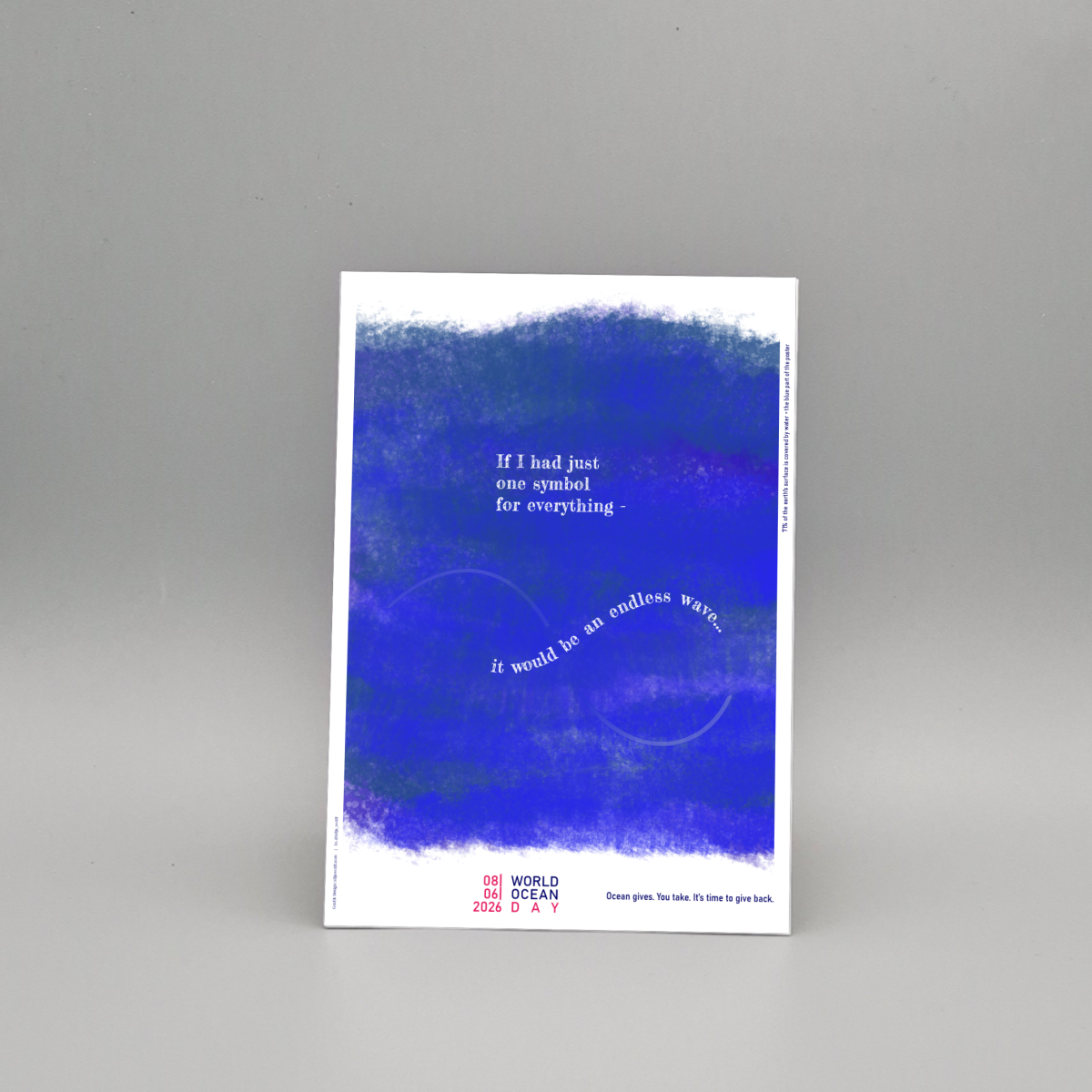 Data-Art-Poster zum world ocean day 2026, reduzierte farbpalette, blau-weiß, auf poetische weise wird das verhältnis von land zu wasseroberfläche dargestellt