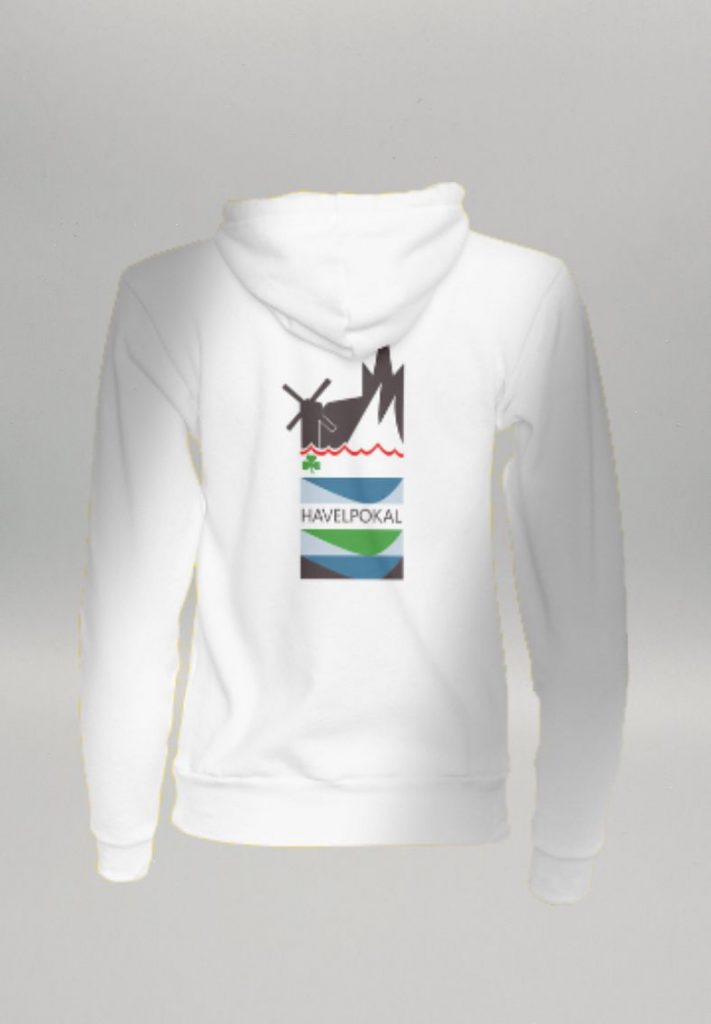 weißer Hoodie, Rücken bedruckt mit Grafik Design aus dem Sportevent-Branding von Silja Wolff mit grafischen Flächen und Event-Logo oben in der Mitte