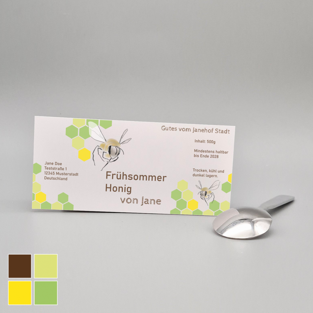 Brand Design umgesetzt als Etikett für Regionalerzeuger von Honig, minimalistischer Stil mit hellen Farben