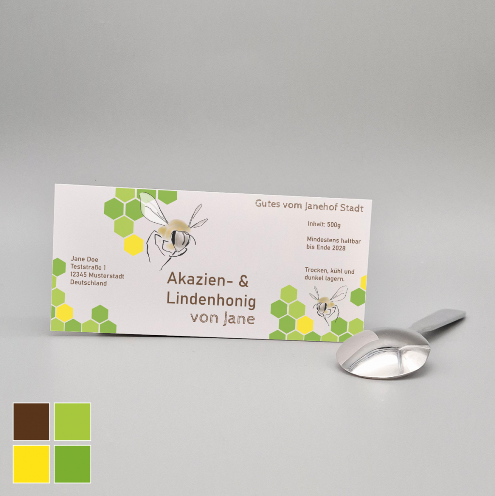 Packaging Design umgesetzt als Etikett für einen Erzeugerhof von Honig, minimalistischer Stil mit hellen Farben