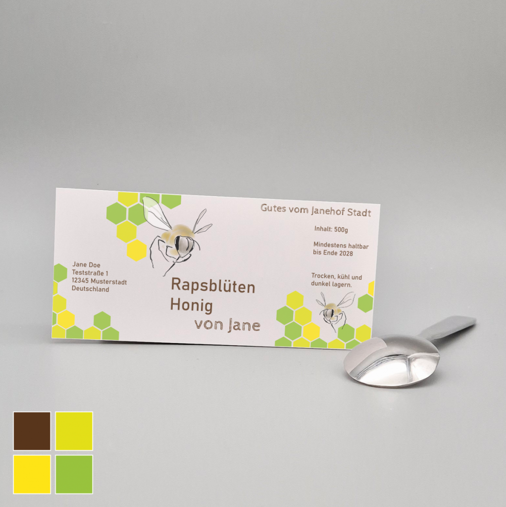 Etikett für Honigglas im minimalistischen Stil mit hellen Farben und Bienen Illustration