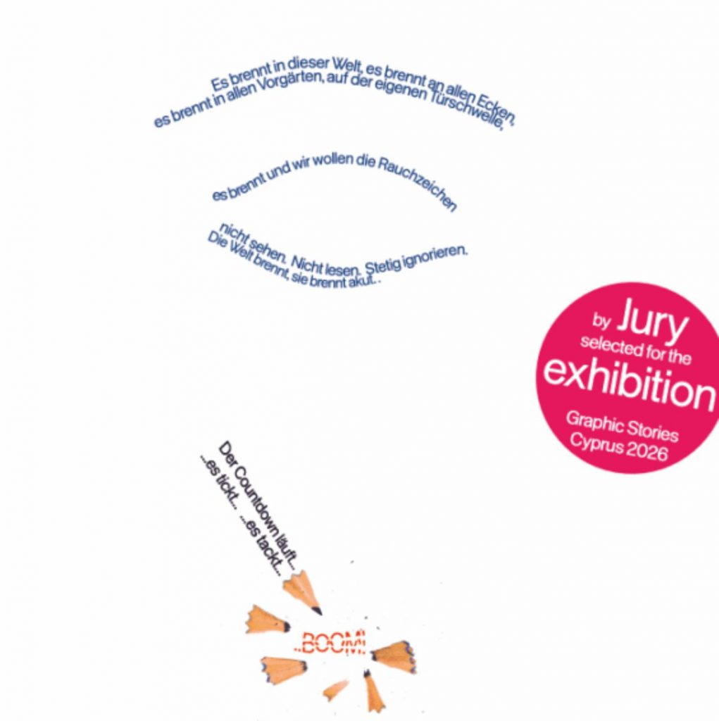von der Jury ausgewähltes Plakat für die Ausstellung Graphic Stories Cyprus 2026, Grafik Design von Silja Wolff, visualisiertes Poem von Jessy James LaFleur