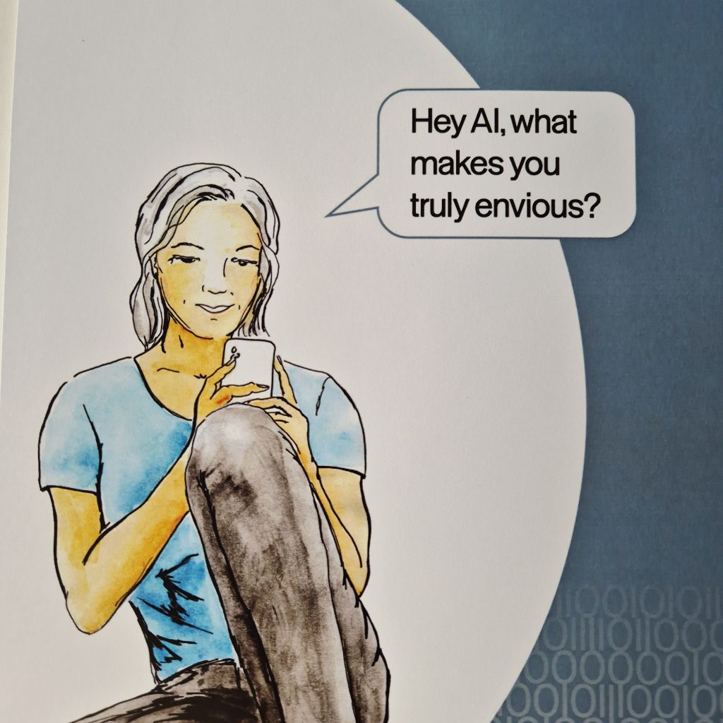 junge Frau, die auf ein Smartphone schaut als handgezeichnete Illustration auf einem Plakat