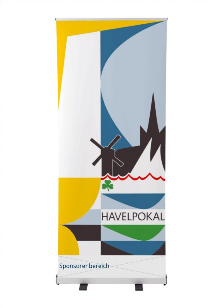 bedrucktes Rollup mit Grafik Design aus dem Sportevent-Branding von Silja Wolff mit grafischen Flächen und Event-Logo rechts